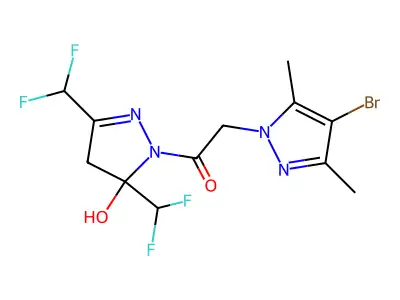 1-[3,5-bis(difluoromethyl)-5-hydroxy-4H-pyrazol-1-yl]-2-(4-bromo-3,5-dimethylpyrazol-1-yl)ethanone structure