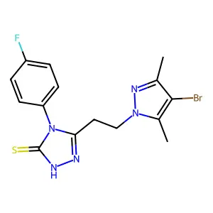 3-[2-(4-bromo-3,5-dimethylpyrazol-1-yl)ethyl]-4-(4-fluorophenyl)-1H-1,2,4-triazole-5-thione structure