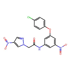 N-[3-(4-chlorophenoxy)-5-nitrophenyl]-2-(4-nitropyrazol-1-yl)acetamide structure