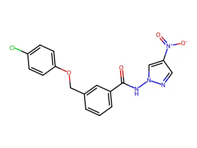 3-[(4-chlorophenoxy)methyl]-N-(4-nitropyrazol-1-yl)benzamide structure