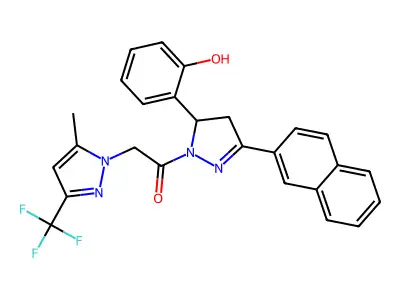 1-[3-(2-hydroxyphenyl)-5-naphthalen-2-yl-3,4-dihydropyrazol-2-yl]-2-[5-methyl-3-(trifluoromethyl)pyrazol-1-yl]ethanone structure
