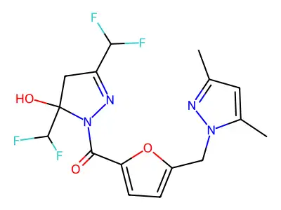 [3,5-bis(difluoromethyl)-5-hydroxy-4H-pyrazol-1-yl]-[5-[(3,5-dimethylpyrazol-1-yl)methyl]furan-2-yl]methanone structure