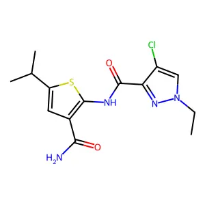 N-(3-carbamoyl-5-propan-2-ylthiophen-2-yl)-4-chloro-1-ethylpyrazole-3-carboxamide structure
