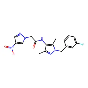 N-[1-(3-fluorobenzyl)-3,5-dimethyl-1H-pyrazol-4-yl]-2-(4-nitro-1H-pyrazol-1-yl)acetamide structure