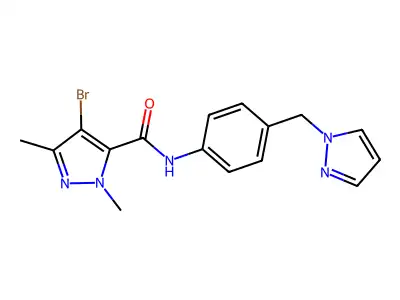 4-bromo-2,5-dimethyl-N-[4-(pyrazol-1-ylmethyl)phenyl]pyrazole-3-carboxamide structure