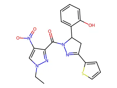 (1-ethyl-4-nitropyrazol-3-yl)-[3-(2-hydroxyphenyl)-5-thiophen-2-yl-3,4-dihydropyrazol-2-yl]methanone structure