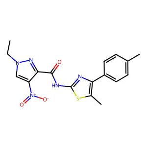 1-ethyl-N-[5-methyl-4-(4-methylphenyl)-1,3-thiazol-2-yl]-4-nitro-1H-pyrazole-3-carboxamide structure