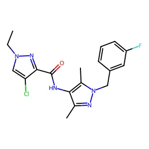 4-chloro-1-ethyl-N-[1-(3-fluorobenzyl)-3,5-dimethyl-1H-pyrazol-4-yl]-1H-pyrazole-3-carboxamide structure