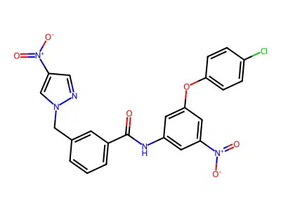 N-[3-(4-chlorophenoxy)-5-nitrophenyl]-3-[(4-nitropyrazol-1-yl)methyl]benzamide structure