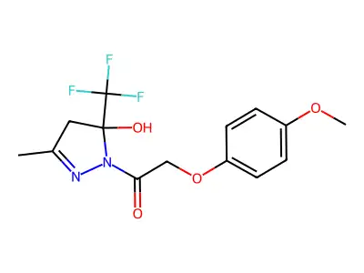 1-[5-hydroxy-3-methyl-5-(trifluoromethyl)-4H-pyrazol-1-yl]-2-(4-methoxyphenoxy)ethanone structure