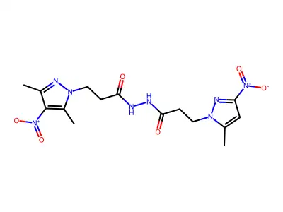 N'-[3-(3,5-dimethyl-4-nitropyrazol-1-yl)propanoyl]-3-(5-methyl-3-nitropyrazol-1-yl)propanehydrazide structure