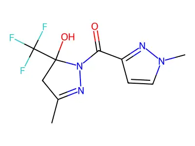 [5-hydroxy-3-methyl-5-(trifluoromethyl)-4H-pyrazol-1-yl]-(1-methylpyrazol-3-yl)methanone structure