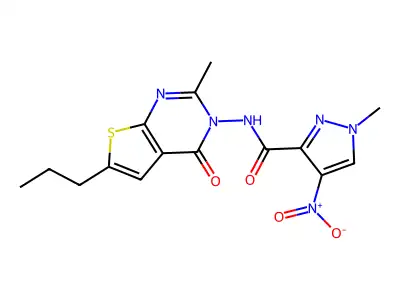 1-methyl-N-(2-methyl-4-oxo-6-propylthieno[2,3-d]pyrimidin-3-yl)-4-nitropyrazole-3-carboxamide structure