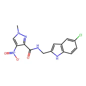 N-[(5-chloro-1H-indol-2-yl)methyl]-1-methyl-4-nitropyrazole-3-carboxamide structure