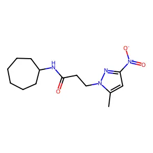 N-cycloheptyl-3-{3-nitro-5-methyl-1H-pyrazol-1-yl}propanamide structure