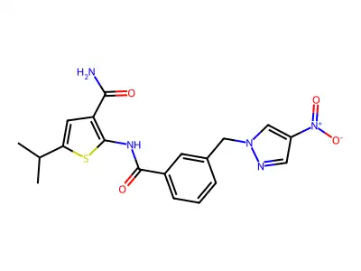 2-[[3-[(4-nitropyrazol-1-yl)methyl]benzoyl]amino]-5-propan-2-ylthiophene-3-carboxamide structure