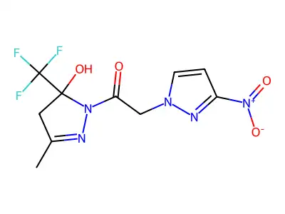 1-({3-nitro-1H-pyrazol-1-yl}acetyl)-3-methyl-5-(trifluoromethyl)-4,5-dihydro-1H-pyrazol-5-ol structure