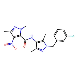 N-[1-(3-fluorobenzyl)-3,5-dimethyl-1H-pyrazol-4-yl]-4-nitro-1,3-dimethyl-1H-pyrazole-5-carboxamide structure