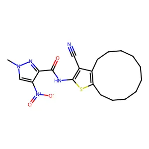 N-(3-cyano-4,5,6,7,8,9,10,11,12,13-decahydrocyclododeca[b]thiophen-2-yl)-1-methyl-4-nitro-1H-pyrazole-3-carboxamide structure