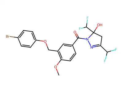[3,5-bis(difluoromethyl)-5-hydroxy-4H-pyrazol-1-yl]-[3-[(4-bromophenoxy)methyl]-4-methoxyphenyl]methanone structure