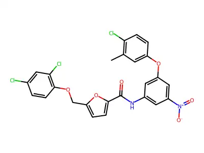 N-[3-(4-chloro-3-methylphenoxy)-5-nitrophenyl]-5-[(2,4-dichlorophenoxy)methyl]furan-2-carboxamide structure