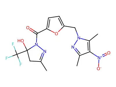[5-[(3,5-dimethyl-4-nitropyrazol-1-yl)methyl]furan-2-yl]-[5-hydroxy-3-methyl-5-(trifluoromethyl)-4H-pyrazol-1-yl]methanone structure