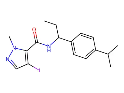 4-iodo-2-methyl-N-[1-(4-propan-2-ylphenyl)propyl]pyrazole-3-carboxamide structure