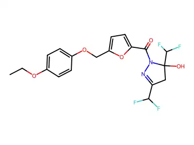 3,5-bis(difluoromethyl)-1-{5-[(4-ethoxyphenoxy)methyl]-2-furoyl}-4,5-dihydro-1H-pyrazol-5-ol structure
