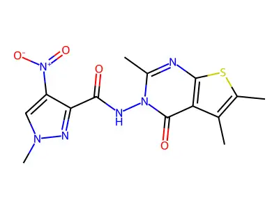 1-methyl-4-nitro-N-(2,5,6-trimethyl-4-oxothieno[2,3-d]pyrimidin-3-yl)pyrazole-3-carboxamide structure