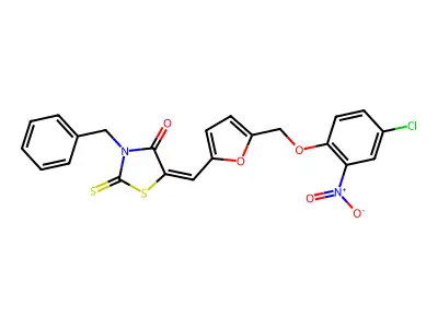 (5E)-3-benzyl-5-[[5-[(4-chloro-2-nitrophenoxy)methyl]furan-2-yl]methylidene]-2-sulfanylidene-1,3-thiazolidin-4-one structure