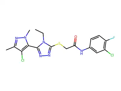 2-{[5-(4-chloro-1,3-dimethyl-1H-pyrazol-5-yl)-4-ethyl-4H-1,2,4-triazol-3-yl]sulfanyl}-N-(3-chloro-4-fluorophenyl)acetamide structure