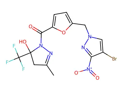 [5-[(4-bromo-3-nitropyrazol-1-yl)methyl]furan-2-yl]-[5-hydroxy-3-methyl-5-(trifluoromethyl)-4H-pyrazol-1-yl]methanone structure