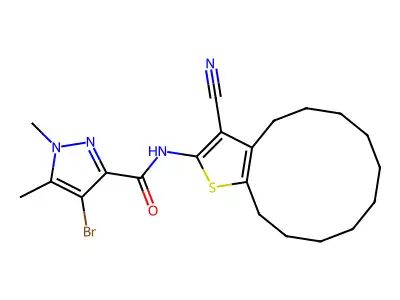 4-bromo-N-(3-cyano-4,5,6,7,8,9,10,11,12,13-decahydrocyclododeca[b]thien-2-yl)-1,5-dimethyl-1H-pyrazole-3-carboxamide structure
