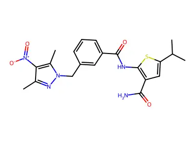 2-[[3-[(3,5-dimethyl-4-nitropyrazol-1-yl)methyl]benzoyl]amino]-5-propan-2-ylthiophene-3-carboxamide structure