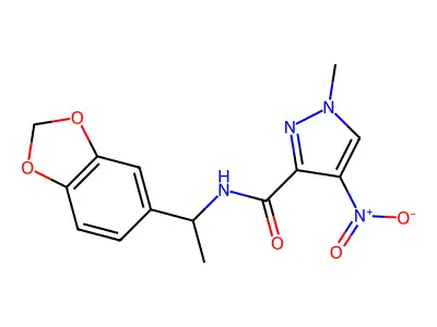N-[1-(1,3-benzodioxol-5-yl)ethyl]-1-methyl-4-nitropyrazole-3-carboxamide structure