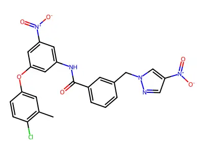 N-[3-(4-chloro-3-methylphenoxy)-5-nitrophenyl]-3-[(4-nitro-1H-pyrazol-1-yl)methyl]benzamide structure