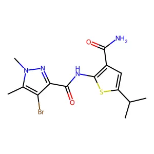 4-bromo-N-(3-carbamoyl-5-propan-2-ylthiophen-2-yl)-1,5-dimethylpyrazole-3-carboxamide structure