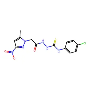 1-(4-chlorophenyl)-3-[[2-(5-methyl-3-nitropyrazol-1-yl)acetyl]amino]thiourea structure