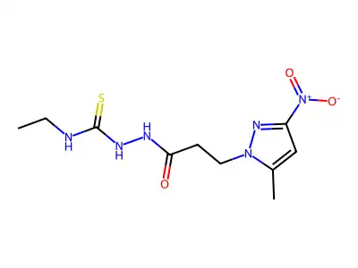 1-Ethyl-3-[3-(5-methyl-3-nitropyrazol-1-yl)propanoylamino]thiourea structure