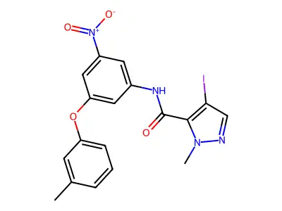 4-iodo-2-methyl-N-[3-(3-methylphenoxy)-5-nitrophenyl]pyrazole-3-carboxamide structure