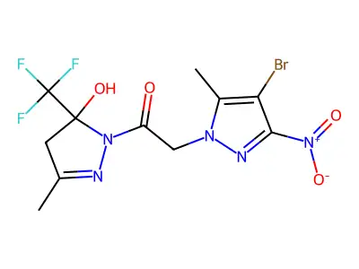 1-({4-bromo-3-nitro-5-methyl-1H-pyrazol-1-yl}acetyl)-3-methyl-5-(trifluoromethyl)-4,5-dihydro-1H-pyrazol-5-ol structure