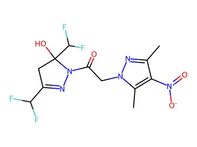 1-[3,5-bis(difluoromethyl)-5-hydroxy-4H-pyrazol-1-yl]-2-(3,5-dimethyl-4-nitropyrazol-1-yl)ethanone structure