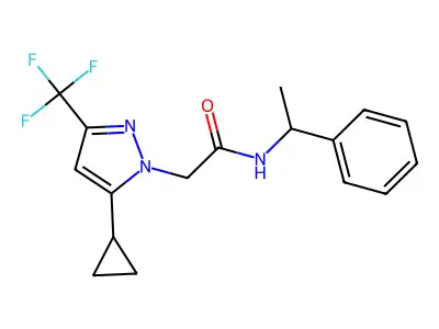 2-[5-cyclopropyl-3-(trifluoromethyl)pyrazol-1-yl]-N-(1-phenylethyl)acetamide structure