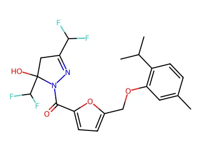[3,5-bis(difluoromethyl)-5-hydroxy-4H-pyrazol-1-yl]-[5-[(5-methyl-2-propan-2-ylphenoxy)methyl]furan-2-yl]methanone structure
