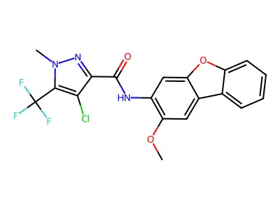 4-chloro-N-(2-methoxydibenzo[b,d]furan-3-yl)-1-methyl-5-(trifluoromethyl)-1H-pyrazole-3-carboxamide structure