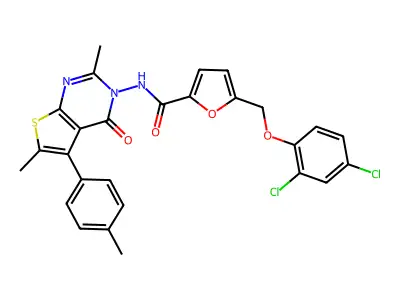 5-[(2,4-dichlorophenoxy)methyl]-N-[2,6-dimethyl-5-(4-methylphenyl)-4-oxothieno[2,3-d]pyrimidin-3-yl]furan-2-carboxamide structure