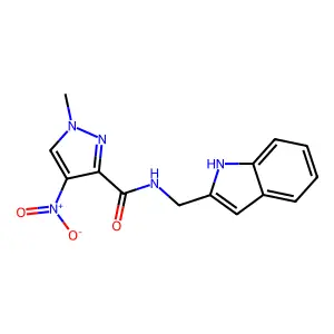 N-(1H-indol-2-ylmethyl)-1-methyl-4-nitropyrazole-3-carboxamide structure
