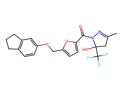 [5-(2,3-dihydro-1H-inden-5-yloxymethyl)furan-2-yl]-[5-hydroxy-3-methyl-5-(trifluoromethyl)-4H-pyrazol-1-yl]methanone structure
