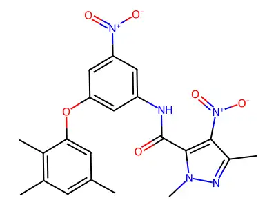 1,3-dimethyl-4-nitro-N-[3-nitro-5-(2,3,5-trimethylphenoxy)phenyl]-1H-pyrazole-5-carboxamide structure