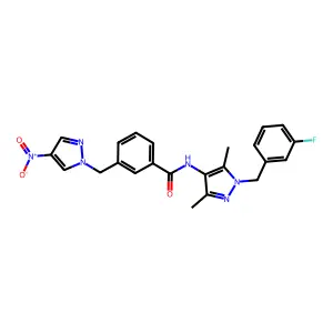 N-[1-[(3-fluorophenyl)methyl]-3,5-dimethylpyrazol-4-yl]-3-[(4-nitropyrazol-1-yl)methyl]benzamide structure